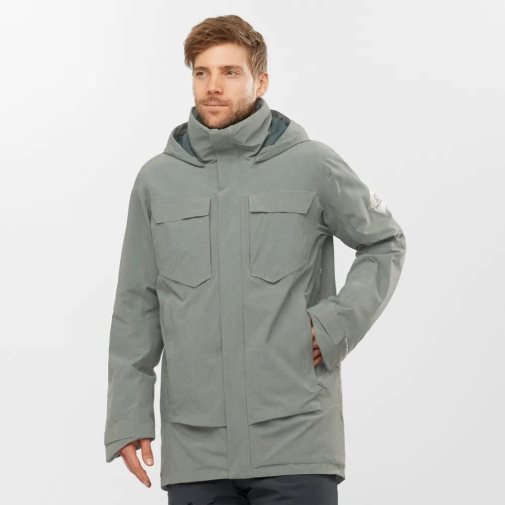 Olive Salomon Stance Cargo Insulated Hooded Men's Ski Jackets | IE NM4583